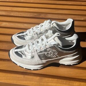 CHANEL Women's White and Silver Sneakers
